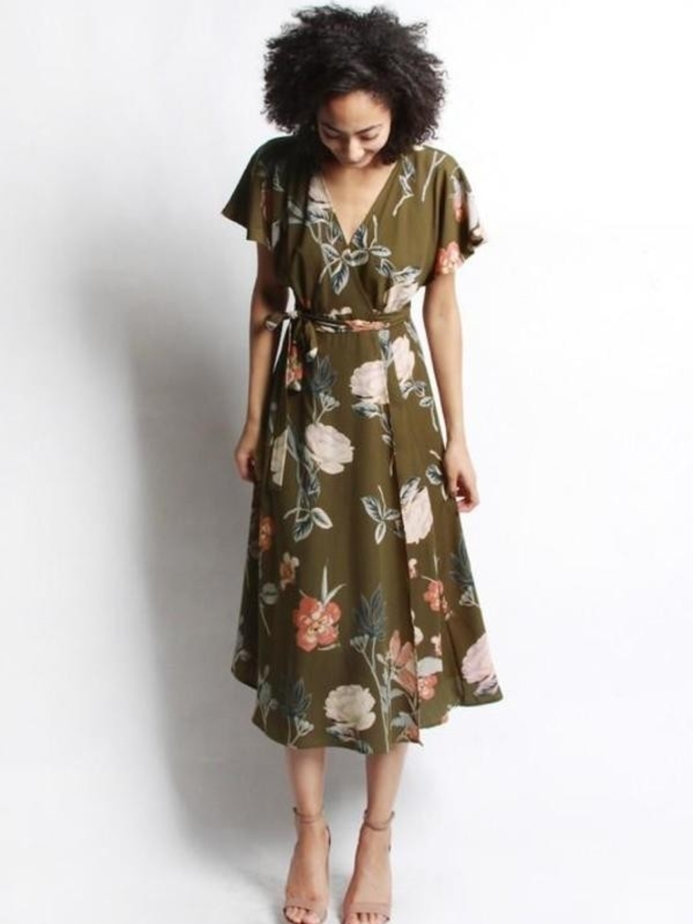 Mod Ref Olive Floral Wrap Midi Dress